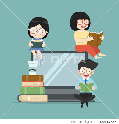People reading book with computer cartoon 100543726