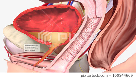 Weakened urethra and surrounding support structures allow urine to leak out of bladder 100544669