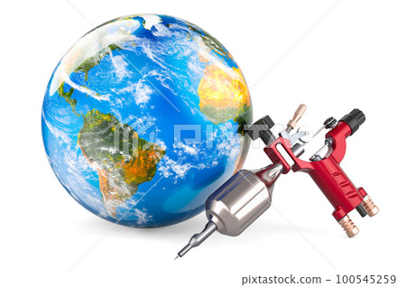 Tattoo machine with Earth Globe, 3D rendering Tattoo machine with Earth Globe, 3D rendering 100545259