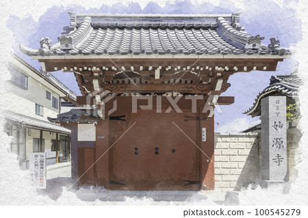 滋賀縣彥根市 水彩風格的彥根市 Hanashobu-dori 商店街 Myogenji Temple 100545279