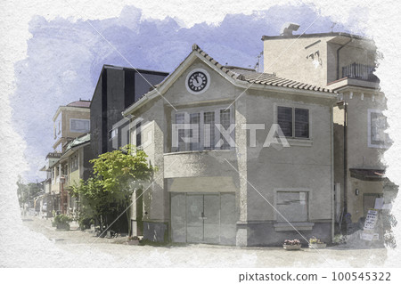 Watercolor-style Hikone city, Yonbancho Square, Hikone City, Shiga Prefecture 100545322