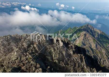 從北阿爾卑斯、穗高連峰、憲兵隊看到的西穗高山的棱線 從北阿爾卑斯、穗高連峰、憲兵隊看到的西穗高山的棱線 100545377