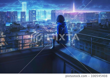 從建築物的屋頂看城市夜景的女孩 100545408