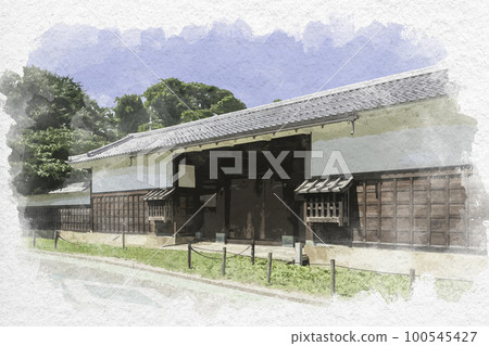 Watercolor-style Hikone Castle Nagayamon Gate of the Former Saigo Mansion Hikone City, Shiga Prefecture 100545427