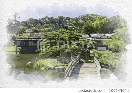 滋賀縣彥根市水彩畫風格的彥根城、元宮樂樂園、七劍橋和林芝閣 滋賀縣彥根市水彩畫風格的彥根城、元宮樂樂園、七劍橋和林芝閣 100545644