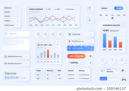 User interface elements for data analysis mobile app. Unique neumorphic design UI, UX, GUI, KIT elements template. Neumorphism style. Different form, components, button, menu 100546137