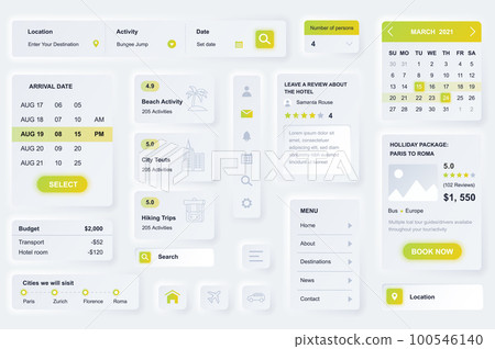 User interface elements for travel agency mobile app. Unique neumorphic design UI, UX, GUI, KIT elements template. Neumorphism style. Different form, components, button, menu 100546140