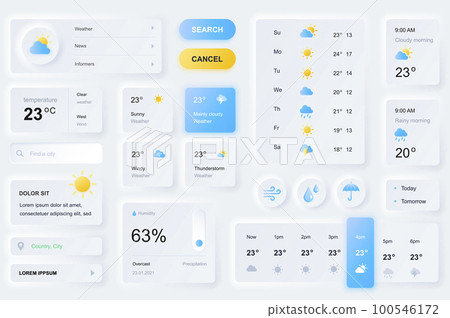 User interface elements for weather forecast mobile app. Unique neumorphic design UI, UX, GUI, KIT elements template. Neumorphism style. Different form, components, button, menu 100546172