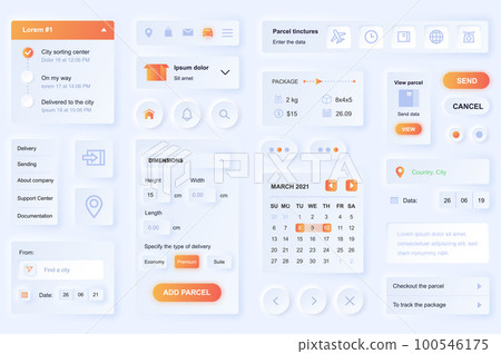 User interface elements for delivery mobile app. Unique neumorphic design UI, UX, GUI, KIT elements template. Neumorphism style. Different form, components, button, menu 100546175