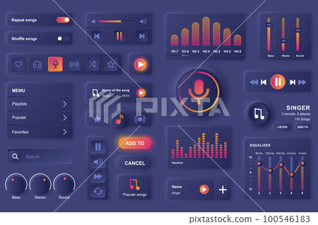 User interface elements for music mobile app. Unique neumorphic design UI, UX, GUI, KIT elements template. Neumorphism style. Different form, components, button, menu 100546183
