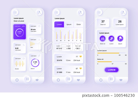 Health and activity tracking unique neomorphic design kit. Personal monitoring application with activity analytics, current health level. UI UX templates set. Vector illustration of GUI for mobile app 100546230