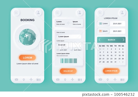 Flight booking unique neomorphic design kit. Online air tickets search and reservation, departure and arrival destinations, calendar. UI UX templates set. Vector illustration of GUI for mobile app. 100546232