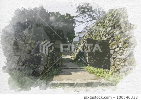 水彩風格的彥根城黑門山路滋賀縣彥根市 100546318