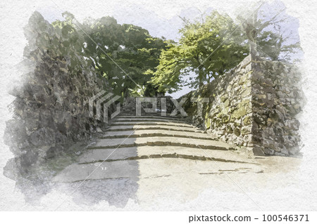 Watercolor style Hikone Castle Stone steps leading to the bell circle Hikone City, Shiga Prefecture 100546371