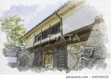Watercolor-style Hikone Castle Drum Gate Hikone City, Shiga Prefecture 100546429