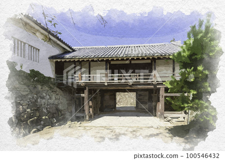 Watercolor-style Hikone Castle Taiko Gate and Tsuzuki Turret Hikone City, Shiga Prefecture 100546432
