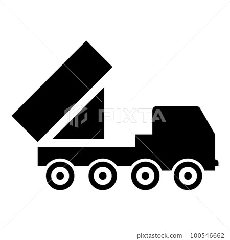 Reactive system volley fire salvo artillery American multiple launch on wheeled chassis high mobility army military truck air defense anti aircraft icon black color vector illustration image flat 100546662