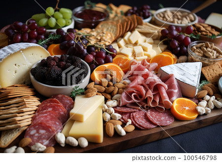 Charcuterie Board with Different Types of Meats, Cheeses and Fruits . AI generated Illustration. 100546798