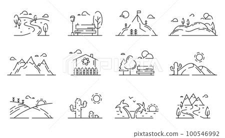 Nature landscape icons. Mountains and meadows. Desert cactus. Rock cliffs. Sea beach palms. Park bench. Natural rivers. Valley and forest scenery. Hill fields panorama. Vector garish line symbols set Nature landscape icons. Mountains and meadows. Desert cactus. Rock cliffs. Sea beach palms. Park bench. Natural rivers. Valley and forest scenery. Hill fields panorama. Vector garish line symbols set 100546992