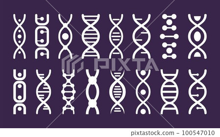 Dna pictograms, genetic medical elements. Colorful human gene structure, microbiology molecular code. Genes spiral chain different forms. Microbiology line logo. Vector tidy chemistry icons collection 100547010