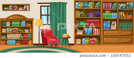 Retro library interior. Reading books. Wooden shelves for literature. Carpet and ladder. Luxury antique empty office. Armchair and bookcase. Bookshelf in house room. Vector garish cartoon background 100547032