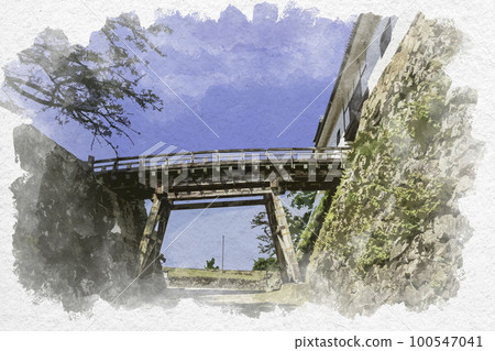 滋賀縣彥根市水彩風格彥根城迴廊橋 100547041