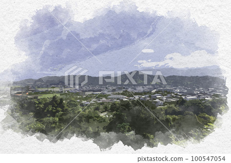 Watercolor painting view of Hikone city from Hikone Castle Hikone City, Shiga Prefecture Watercolor painting view of Hikone city from Hikone Castle Hikone City, Shiga Prefecture 100547054