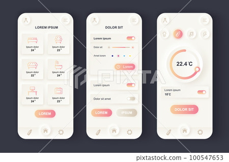 Smart Home unique neomorphic design kit. Online remote home control, monitoring and management, house systems automatization. UI UX templates set. Vector illustration of GUI for responsive mobile app. 100547653