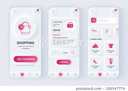 Online shopping unique neomorphic design kit. Store app with products search, purchases description and prices. Internet marketplace UI UX templates set. Vector illustration of GUI for mobile app. 100547774