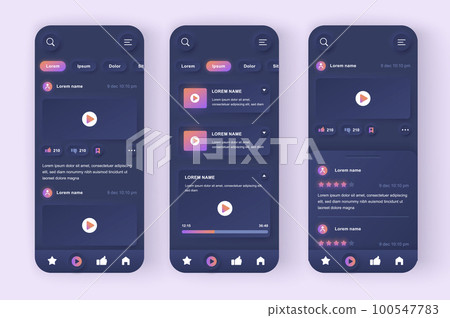 Video Tube unique neomorphic design kit. Video content streaming service, multimedia search and watch, online video platform. UI UX templates set. Vector illustration of GUI for responsive mobile app. 100547783