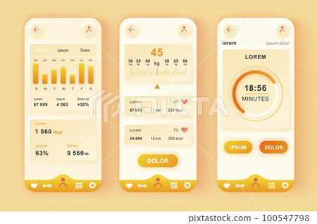 Fitness workout unique neomorphic design kit. Personal trainer app with activity analytics, strength and cardio training. UI UX templates set. Vector illustration of GUI for responsive mobile app. 100547798