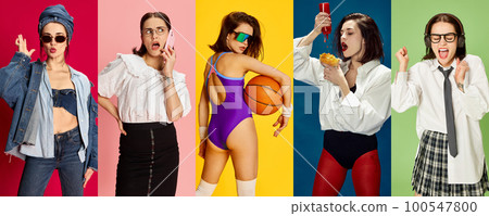 Collage. Set of portraits of beautiful young woman in diverse clothes and life situations posing against multicolored background. 100547800