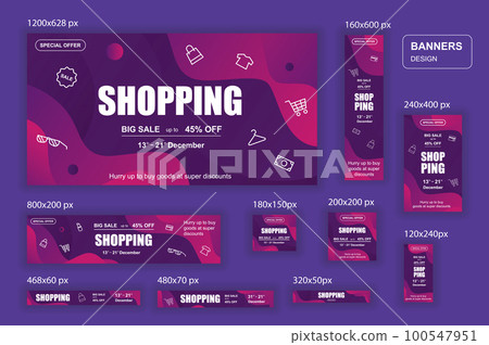 Collection web banners different sizes for mobile and social networks, poster, shopping ads, marketing material. Bundle banners for product promotion, online shopping, e-commerce. 100547951