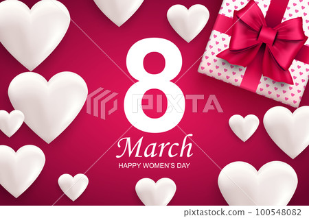 Happy womens day greeting card. White hearts and gift box with pink ribbon bow. Vector illustration of congratulation on 8th of March. Banner design with realistic 3d elements on pink background. 100548082