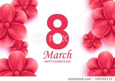 Happy womens day greeting card. Beautiful red flowers with shadow on white background. Vector illustration of congratulation on 8th of March. Delicate floral banner design with realistic 3d flowers. Happy womens day greeting card. Beautiful red flowers with shadow on white background. Vector illustration of congratulation on 8th of March. Delicate floral banner design with realistic 3d flowers. 100548114