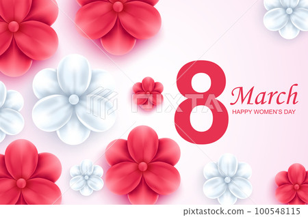 Happy womens day greeting card. Beautiful red and white flowers on light background. Vector illustration of congratulation on 8th of March. Delicate floral banner design with realistic 3d flowers. Happy womens day greeting card. Beautiful red and white flowers on light background. Vector illustration of congratulation on 8th of March. Delicate floral banner design with realistic 3d flowers. 100548115