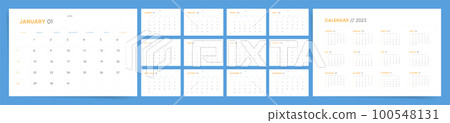 2024 Calendar template design. Week starts on Sunday yellow and blue calendar for businessman. Desktop planner in simple clean style. Corporate or business calendar. English vector calendar layout. 2024 Calendar template design. Week starts on Sunday yellow and blue calendar for businessman. Desktop planner in simple clean style. Corporate or business calendar. English vector calendar layout. 100548131
