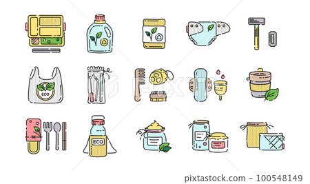 Set of zero waste reusable and biodegradable products - bottle, cutlery, stainless straw, shopping bag, menstruation cup and pad, eco cosmetics, sponge, razor, sponge. Eco friendly personal vector. Set of zero waste reusable and biodegradable products - bottle, cutlery, stainless straw, shopping bag, menstruation cup and pad, eco cosmetics, sponge, razor, sponge. Eco friendly personal vector. 100548149