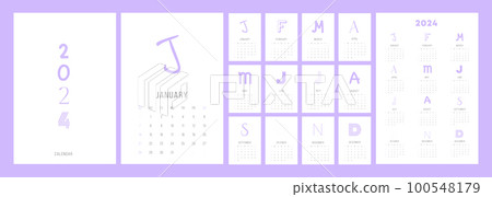 2024 minimal creative calendar template. Week starts on Sunday. clean typography design, ready to print 2024 calendar with modern lettering design. Vector annual set template.	 100548179