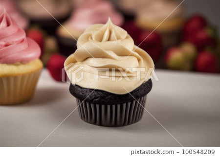 Two fresh tasty cupcakes chocolate muffin vanilla cream and biscuit pink berry cream closeup 100548209