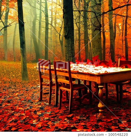 AI generation, Halloween, forest with red leaves 100548220