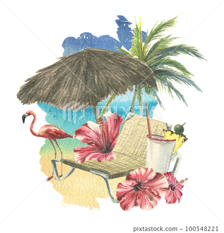 Sun umbrella with beach lounger, hibiscus flowers, pink flamingos and coconut trees against the sea and sky. Watercolor illustration. Composition from the CUBA collection. For decoration and design. 100548221