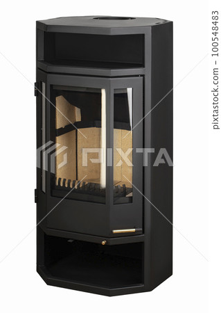 Modern fireplaces for heating from metal and heat-resistant glass. Boiler for solid fuel isolated on white background. Modern fireplaces for heating from metal and heat-resistant glass. Boiler for solid fuel isolated on white background. 100548483