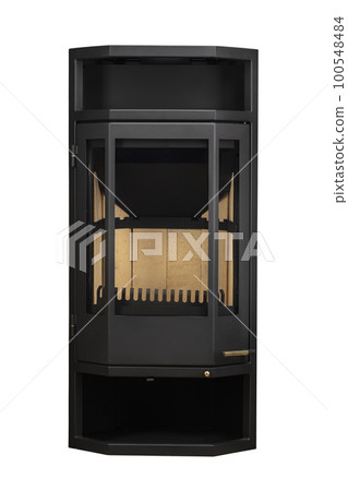 Modern fireplaces for heating from metal and heat-resistant glass. Boiler for solid fuel isolated on white background. Modern fireplaces for heating from metal and heat-resistant glass. Boiler for solid fuel isolated on white background. 100548484