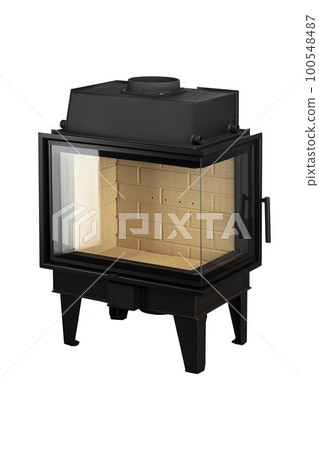 Modern fireplaces for heating from metal and heat-resistant glass. Boiler for solid fuel isolated on white background. 100548487