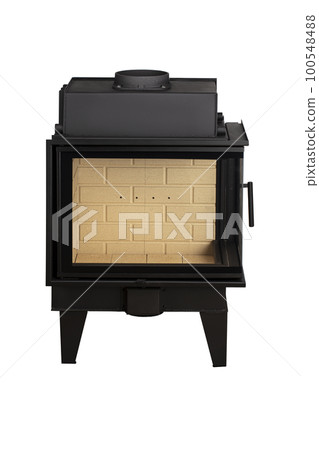 Modern fireplaces for heating from metal and heat-resistant glass. Boiler for solid fuel isolated on white background. Modern fireplaces for heating from metal and heat-resistant glass. Boiler for solid fuel isolated on white background. 100548488