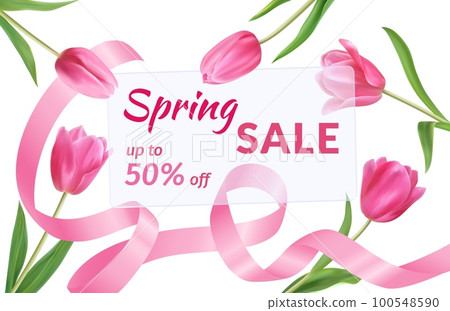 8 march border, realistic tulips. Eight day of spring, nature flowers and petals, sale paper and pink silk ribbon, girl gift. Discount offer. Vector neoteric web banner template on white background 100548590