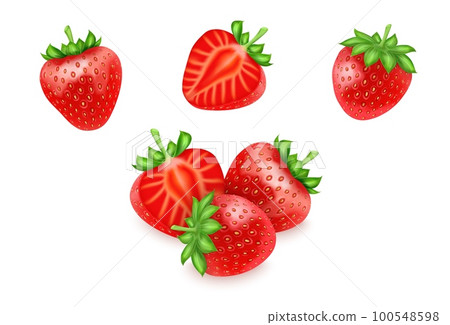 Realistic whole strawberry, fruit diet elements. Piece and slices of berry, 3d nature sweet compositions. Fresh summer elements. Vector isolated neoteric illustration isolated on white background Realistic whole strawberry, fruit diet elements. Piece and slices of berry, 3d nature sweet compositions. Fresh summer elements. Vector isolated neoteric illustration isolated on white background 100548598