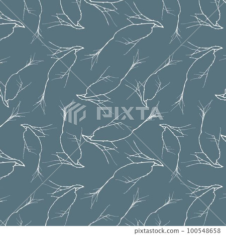 Dry twigs. Leafless tree branch pattern. Winter nature. Cherry leaves silhouette. Autumn graphic forest. Sky and flower plants. Bare dead stems. Natural background. Vector tidy seamless texture print 100548658