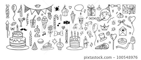 Happy birthday doodles, festive cakes with candles. Sweethand candy, fireworks and confetti, celebration gifts and bows, present boxes, sweet party decorative elements. Vector tidy cute drawing set 100548976